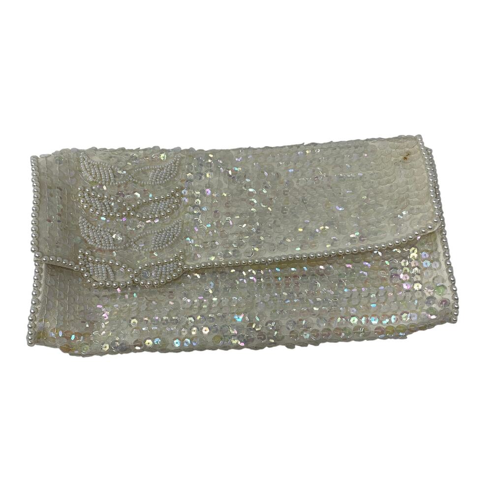 Vintage Made in Japan White Iridescent Sequin Beaded Clutch Evening Purse Bag
